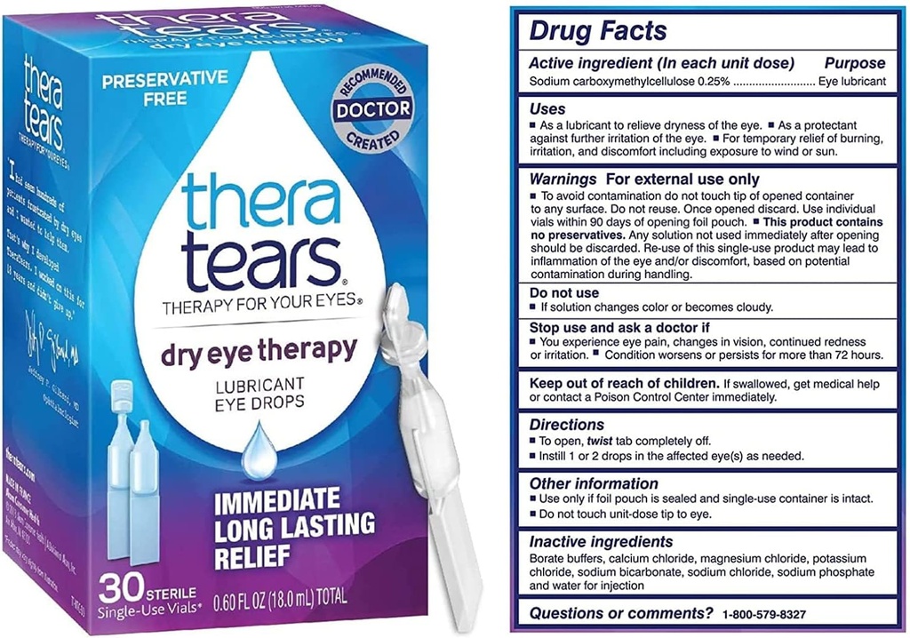 TheraTears Dry Eye Therapy- terapi Smørede øjendråber til tørre øjne, Konserveringsfri øjendråber, 30 Enkelt- Brug hætteglas (3 Pack)