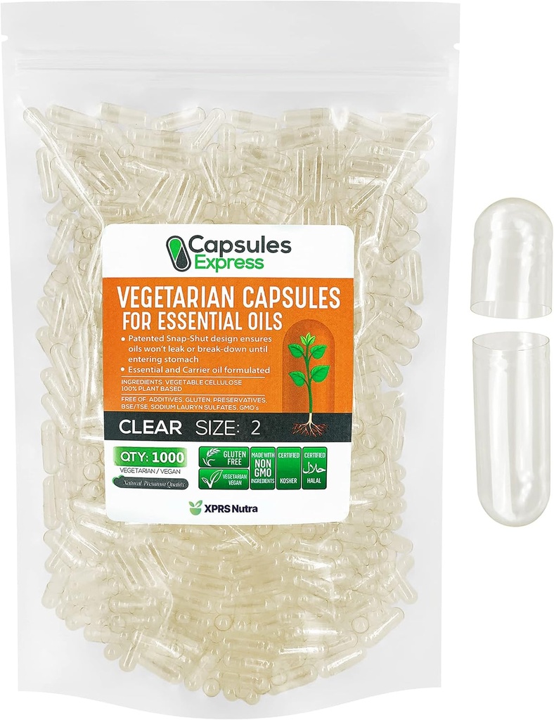 XPRS Nutra Størrelse 2 Tomme Veganske Kapsler - 1000 Grev Clear Veggie Kapsler til Mest Væsentlige Olier - Tomme Vegetabilske Piller - DIY Oil Fyldning