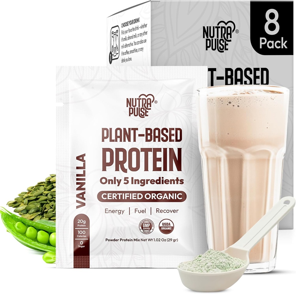Organic Vegan Protein Powder Pack - Plant- baseret protein, Glutenfri, Ikke GMO, 20g Protein Per Servering, Great for Smoothies & Shakes (Vanilla, Pack af 8)
