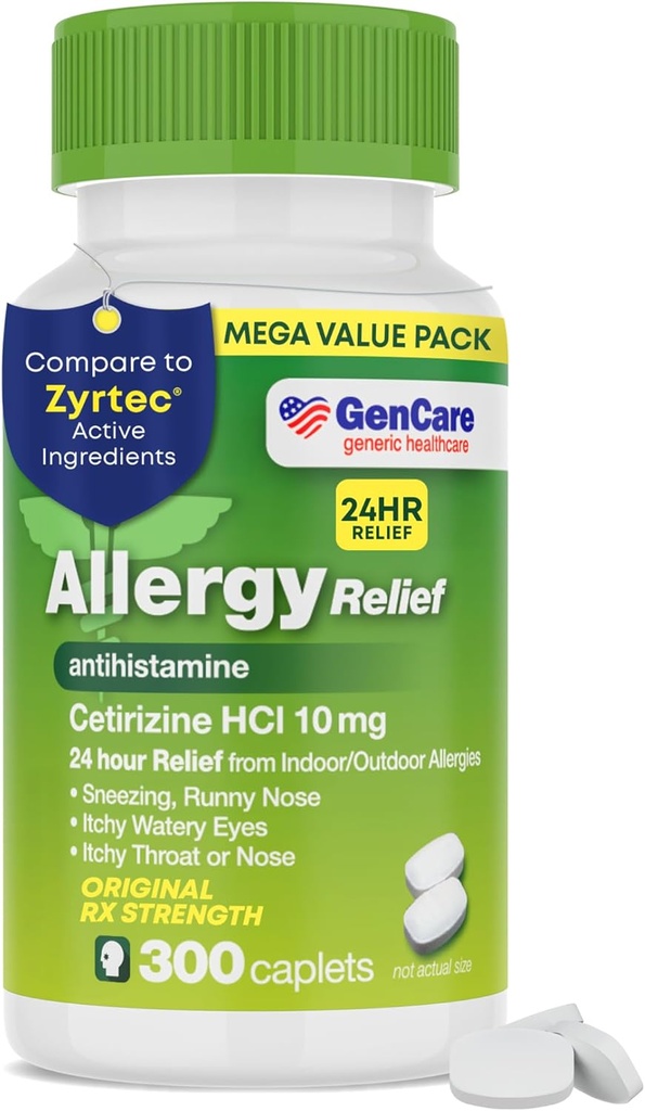 GenCare - Cetirizine HCL 10 mg (300 kapsler) - 24 timers Allergi Relief piller - Non Drowsy Generisk OTC Allergi Medicin - Antihistamin Medicin til nysen, Runny Næse & Itchy Eyes - Generisk Zyrtc
