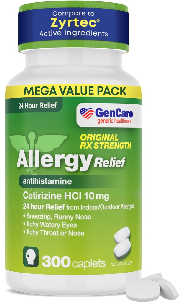 GenCare - Cetirizine HCL 10 mg (300 kapsler) - 24 timers Allergi Relief piller - Non Drowsy Generisk OTC Allergi Medicin - Antihistamin Medicin til nysen, Runny Næse & Itchy Eyes - Generisk Zyrtc