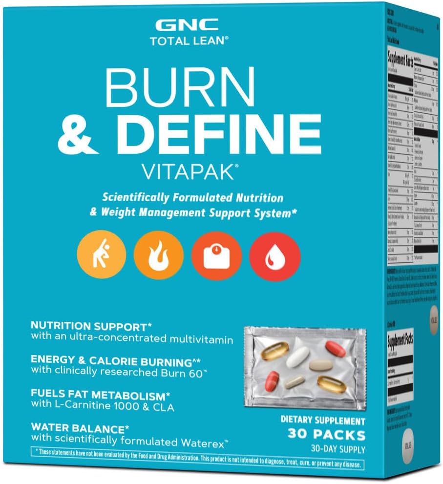 GNC Total Lean Burn og Definer VitaPak Program for mænd og kvinder, 5-in-1 Pack for energi, Weight Management, Calorie Burn, immunforsvar, vandbalance, 30 Servering
