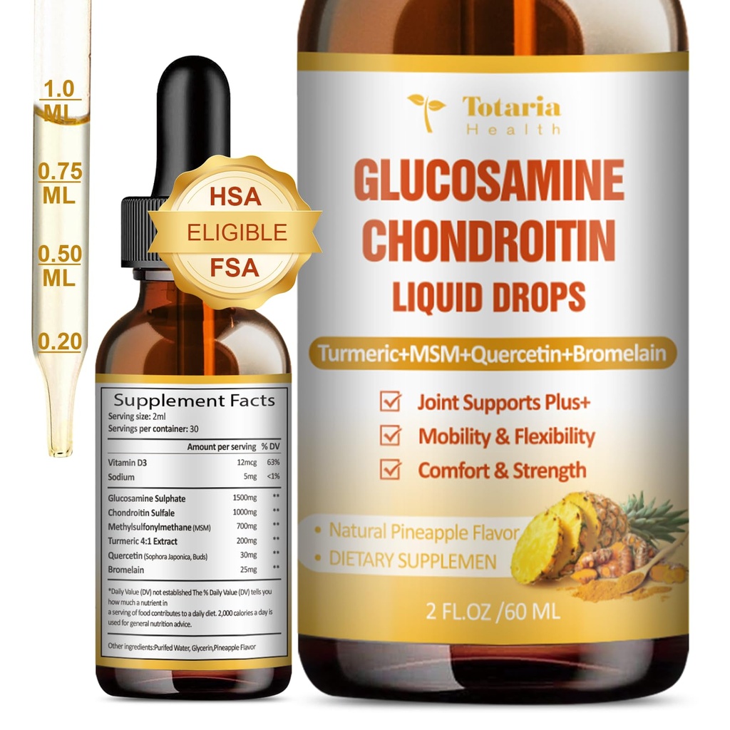 Glucosamin Chondroitin MSM Liquid Drops FSA- HSA - Joint Support Supplement for Mobility, Flexibility & Bones Chondroitin Sulfate Supplement Turmerisk, Quercetin, Bromelain, MSM Oil 2 FLLOZ
