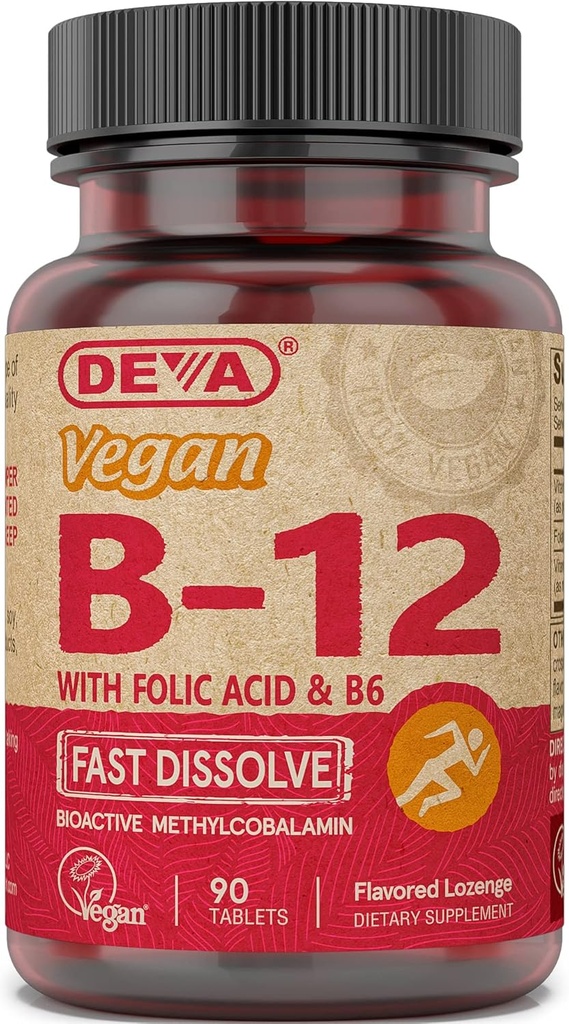 Deva Vegan Vitamin B12 Fast Opløs supplement - Once- Per- Day Complex med 1000 Mcg Methylcobalamin B12, Folsyre, B6 - Lemon Flavor - 90 opløselige tabletter, 1 - Pack