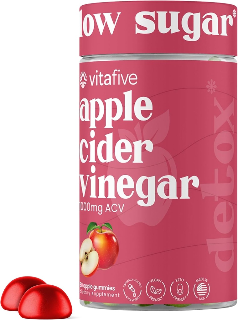Vitafive Apple Cider Vinegaver Gummies, 500mg Apple Cider Vinegaver per Gummy, Boost Gut Health, Colon Support, Vegan, Gluten Free (50 Ct)