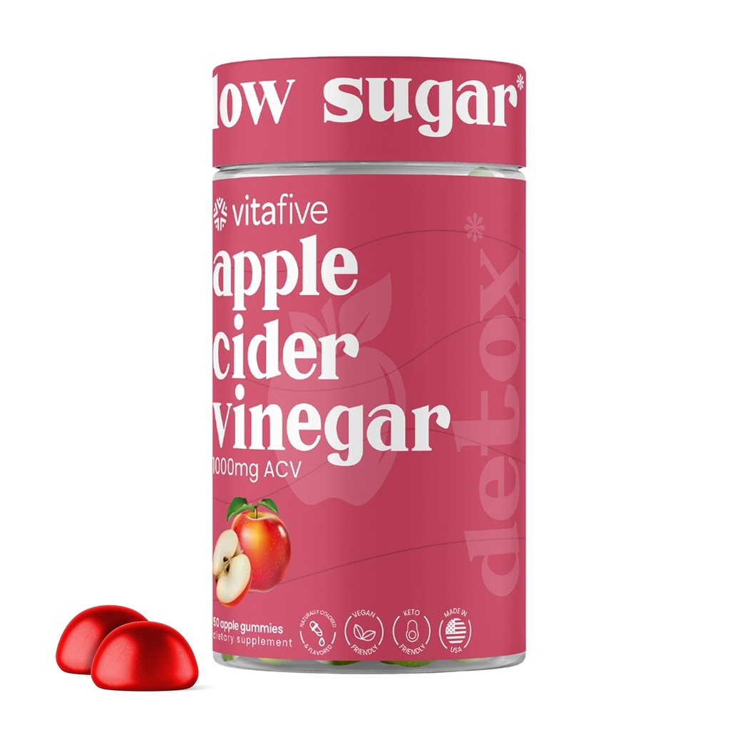 Vitafive Apple Cider Vinegaver Gummies, 500mg Apple Cider Vinegaver per Gummy, Boost Gut Health, Colon Support, Vegan, Gluten Free (50 Ct)