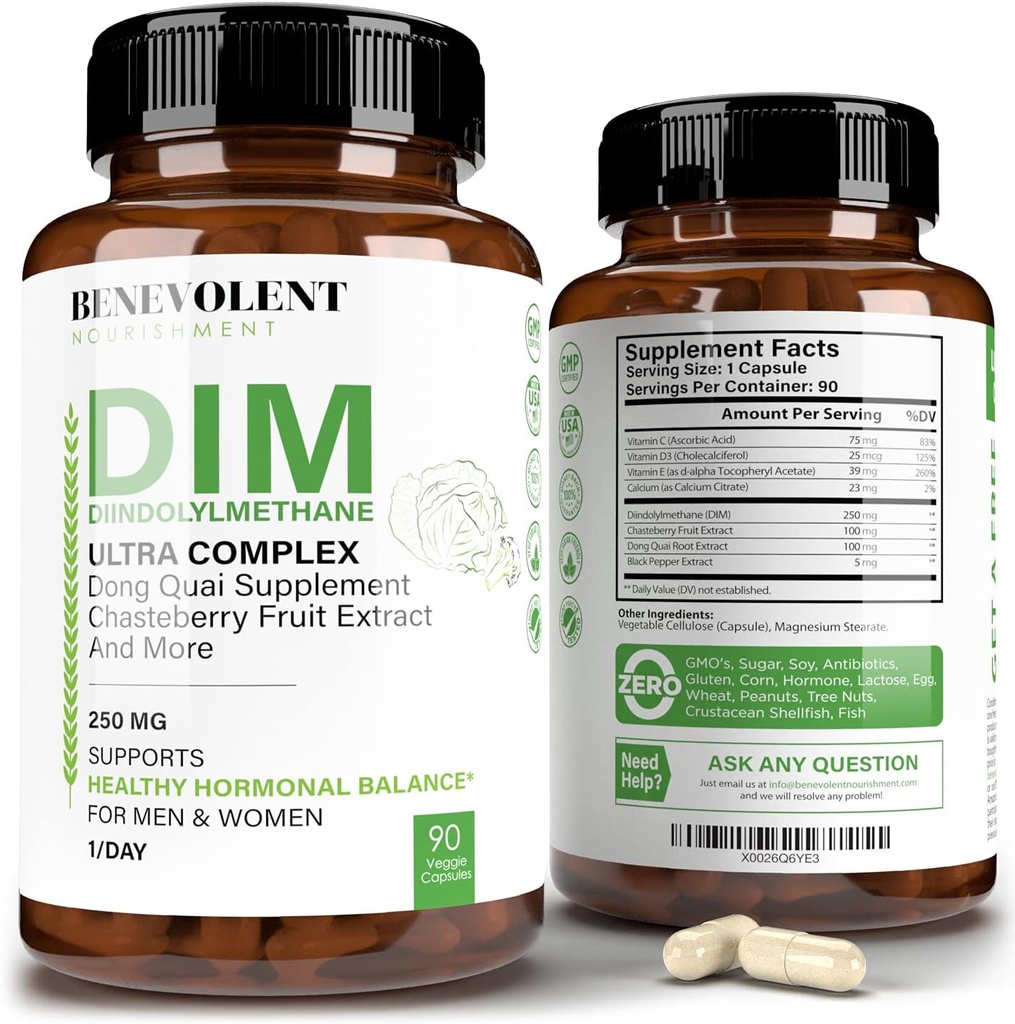 Benevolent Nourisation Maximum Strength DIM Supplement 250 mg - 90 Vacks Diindolylmethan Ultra Complex Plus Chasteberry, Dong Quai Extract + Mere