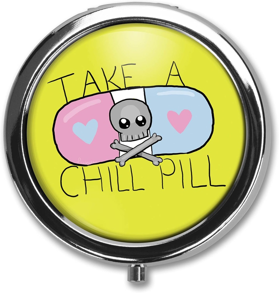 Cute Cartoon Take A Chill Pill Quotes Pill Box Case Trinket Stash Box Phone Dial Pop Art Retro Medicine Tablet Holder Organizer - 3 Compartments