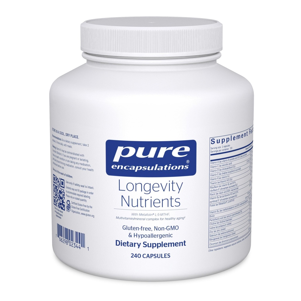 Pure indkapslinger Longevity Nutrients Note 124; Multivitamin / Mineral Complex til støtte sund aldring, hjerne funktion, øjne, knogler, og vaskulær sundhed *