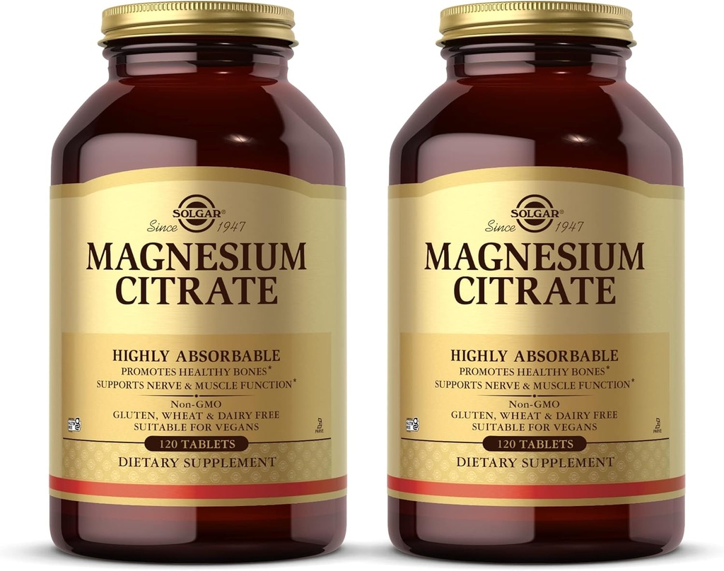 Solgar Magnesium Citrate - 120 tabletter, Pack of 2 - Understøtter Nerve & Muscle Funktion - Meget Absorbable - Non-GMO, Vegan, Gluten Free, Kosher - 120 Total Servering