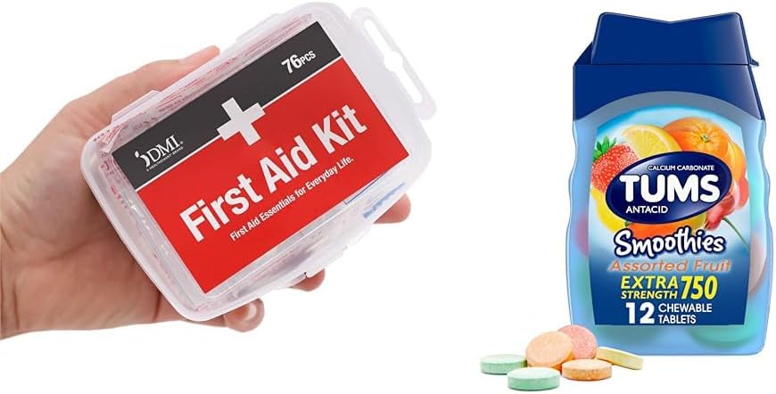 DMI 76- Piece førstehjælpskasse og TUMS 12 Grev Smoothies Extra Strength 750mg Calcium Carbonat Antacida Chewable Tablets Bundle