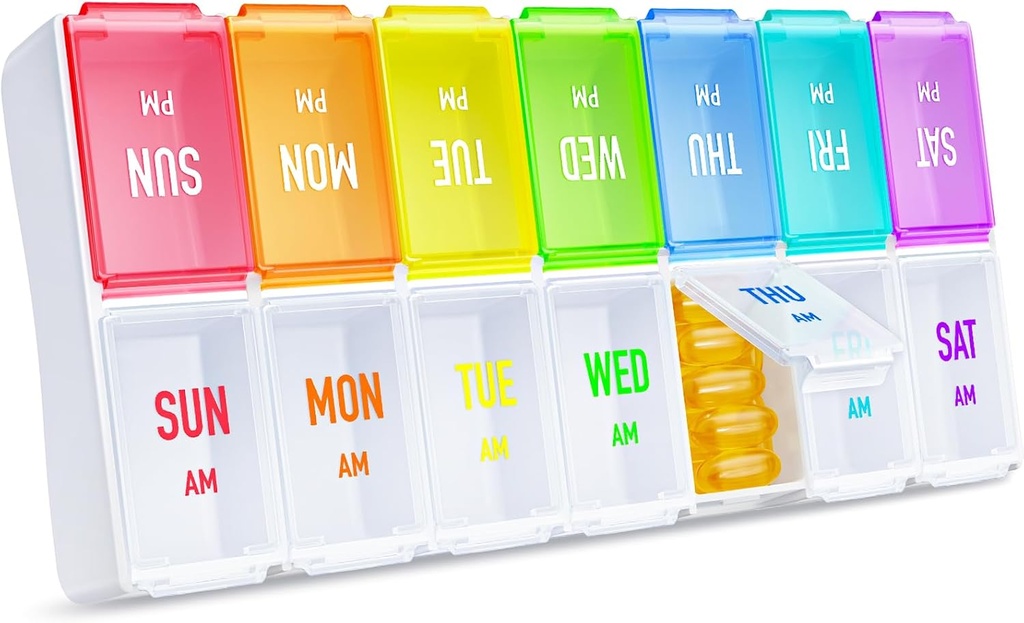 ZIKEE Rainbow Weekly Pill Organizer 2 gange en dag for nem sporing, AM PM Pill Case, Stor 7 dag Pill Box to gange om dagen, BPA- Gratis Medicin Organizer til piller, vitaminer, fiskeolier, kosttilskud