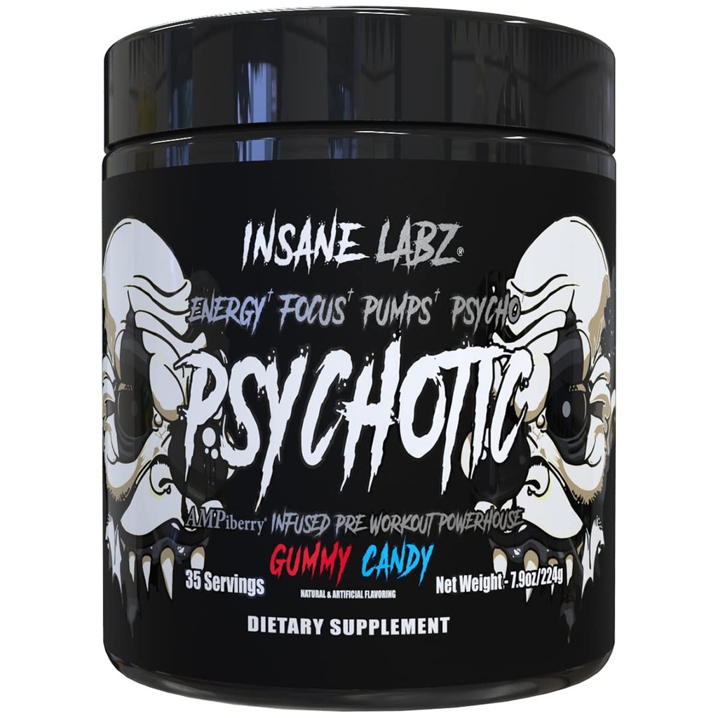 Insane Labz Psykotisk Black Edition Mid Stimulant Pre Workout Powder, Energy Focus Pumper, læsset med Creatin Beta Alanine Taurine fueled by AMPiberry, 35 Serveringer (Gummy Candy)