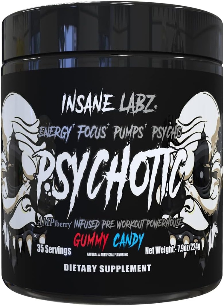 Insane Labz Psykotisk Black Edition Mid Stimulant Pre Workout Powder, Energy Focus Pumper, læsset med Creatin Beta Alanine Taurine fueled by AMPiberry, 35 Serveringer (Gummy Candy)