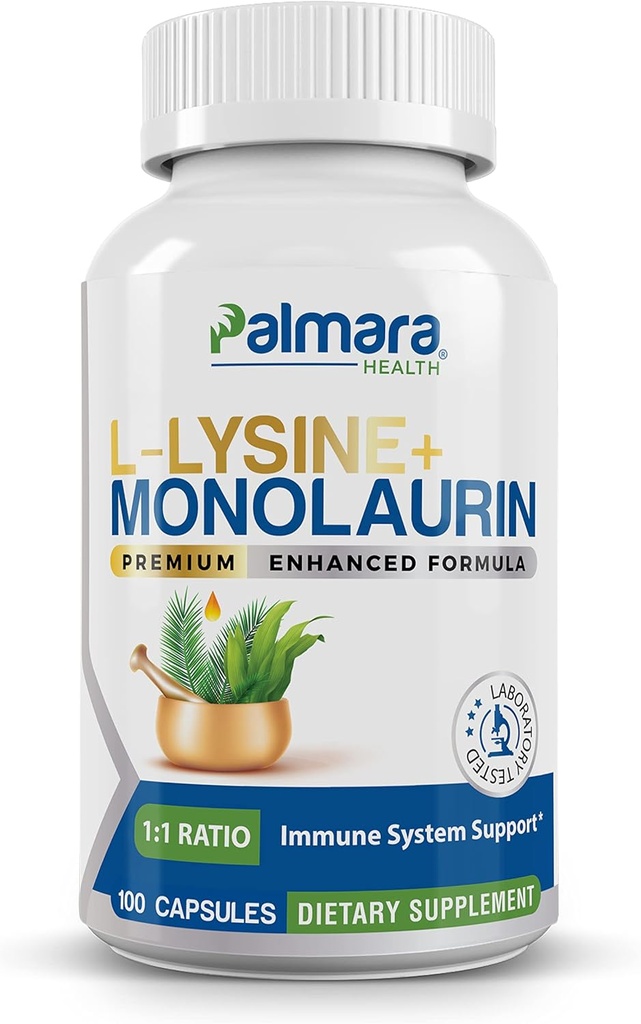 Palmara Health L- Lysin + Monolaurin 600 mg 1: 1 Ratio, 1 pakning, 100 kapsler