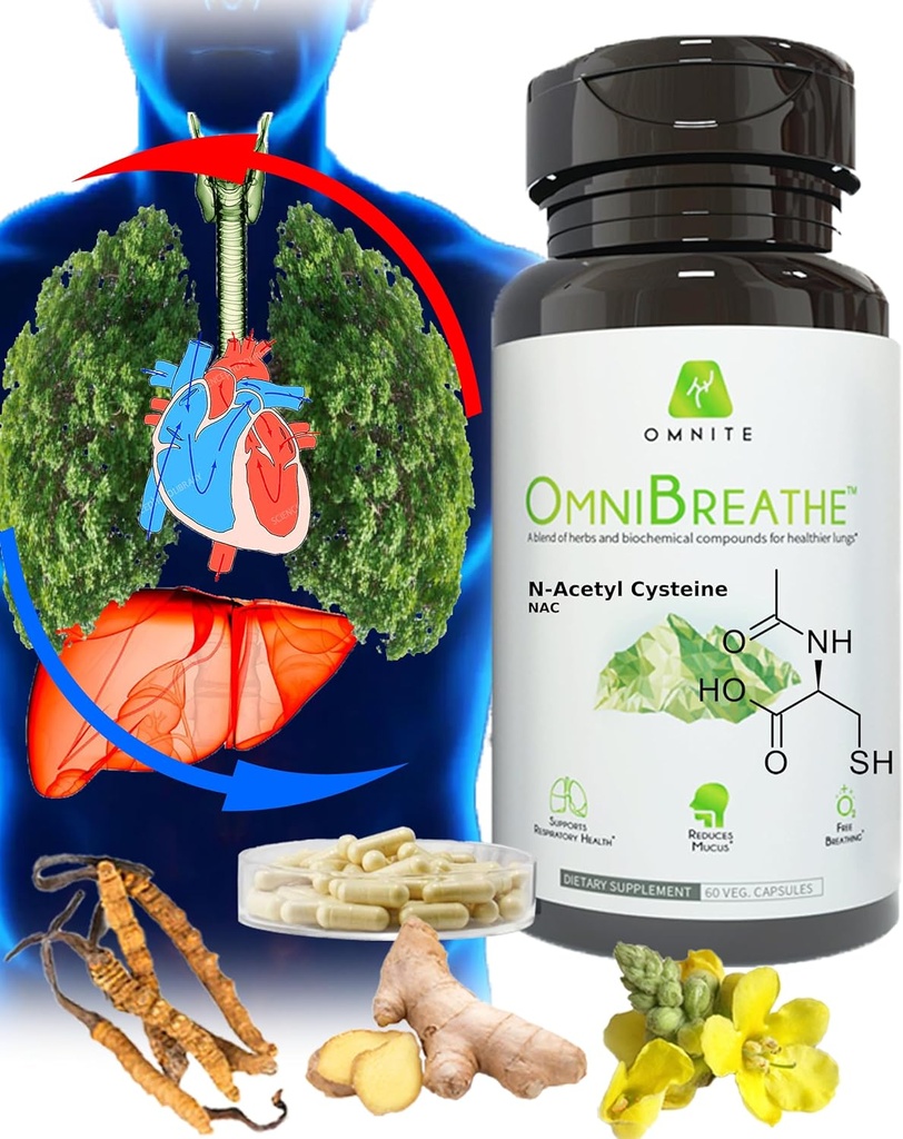 OMNIBREATHE - Hurtig forbedring af vejrtrækningsproblemer ved NAC 600MG Scientific Formulated w. Quercetin / Mullein / Coq 10 / Ginger / Stinging Nettle / Bromelain, 3 gange w. Måltid (10-Day Supply to Boost)