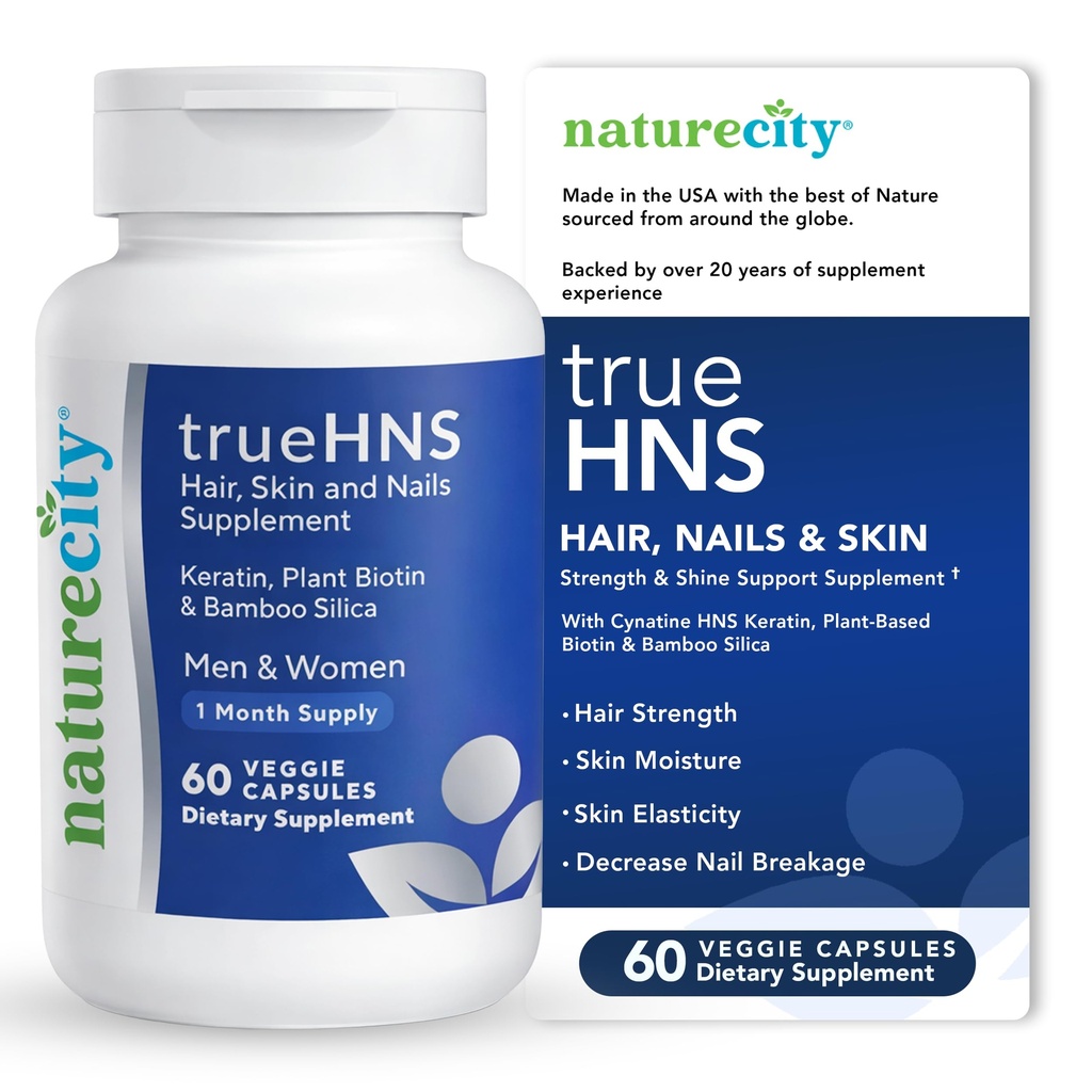 NatureCity True- HNS Hårnegle og hud Cynatrin Keratin og plante baseret biotin Vitamin Supplements 124; Fuller og stærkere hår og negle Budd124; Ikke GMO 'er