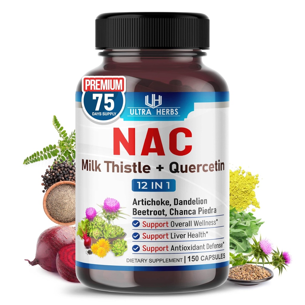 NAC Supplement N- Aetyl Cysteine Beriget med mælk tidsel, Quercetin - Support Immunity, Respiratory Health & Liver Detox