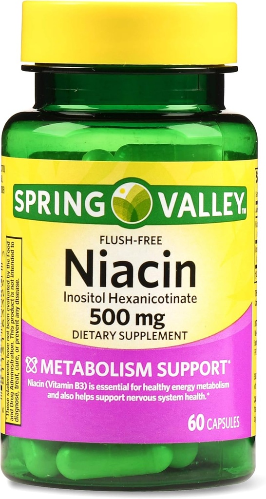 Spring Valley Flush- free Niacin 500 mg Metabolisme Support, 60 kapsler (pakning med 2)