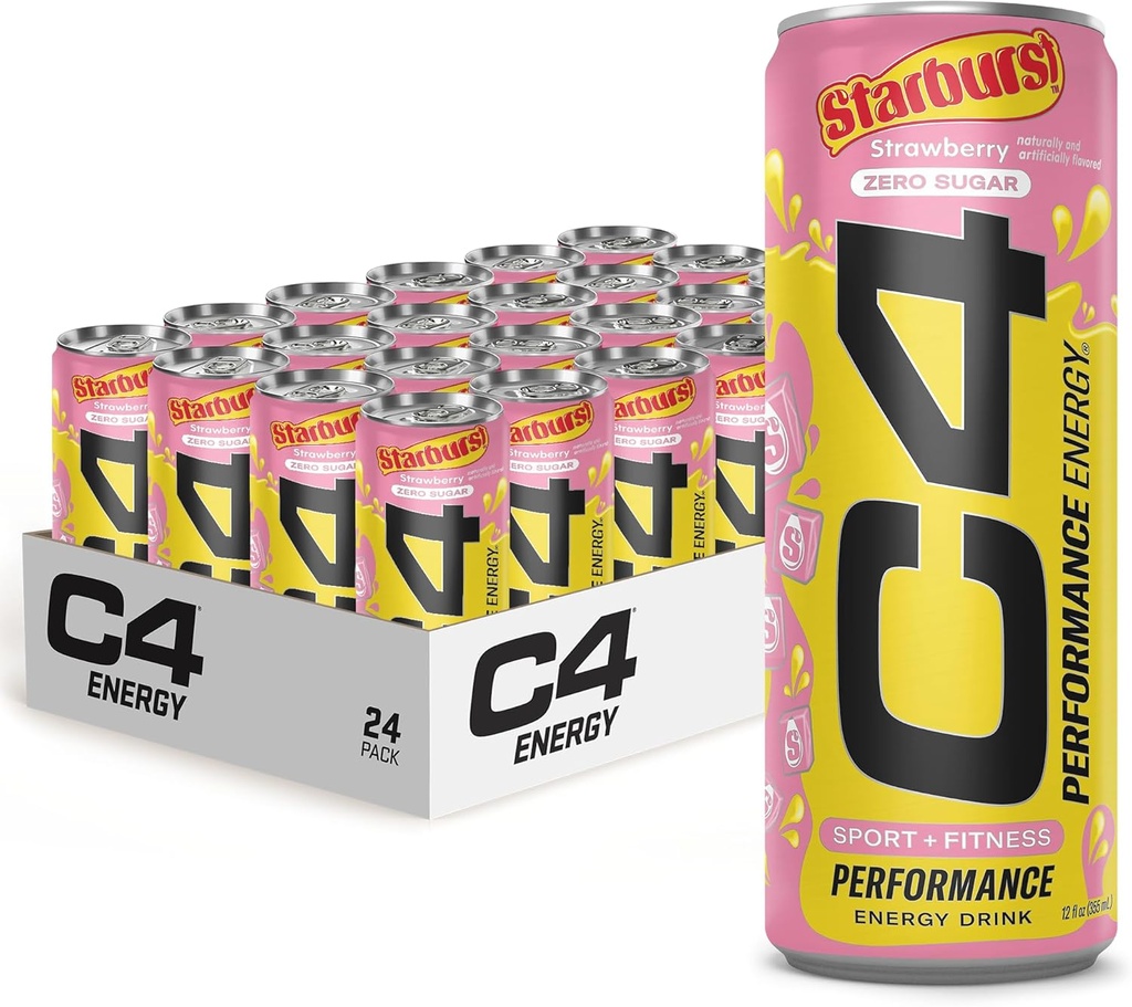 Cellucor C4 Performance Energy Drink 124; STARBURST Strawberryn 124; Zero Sugar Carbonated Preworkout Energy 124; 200mg Koffein med Beta Alanine • 124; 12 Fl Oz (24 Pack)
