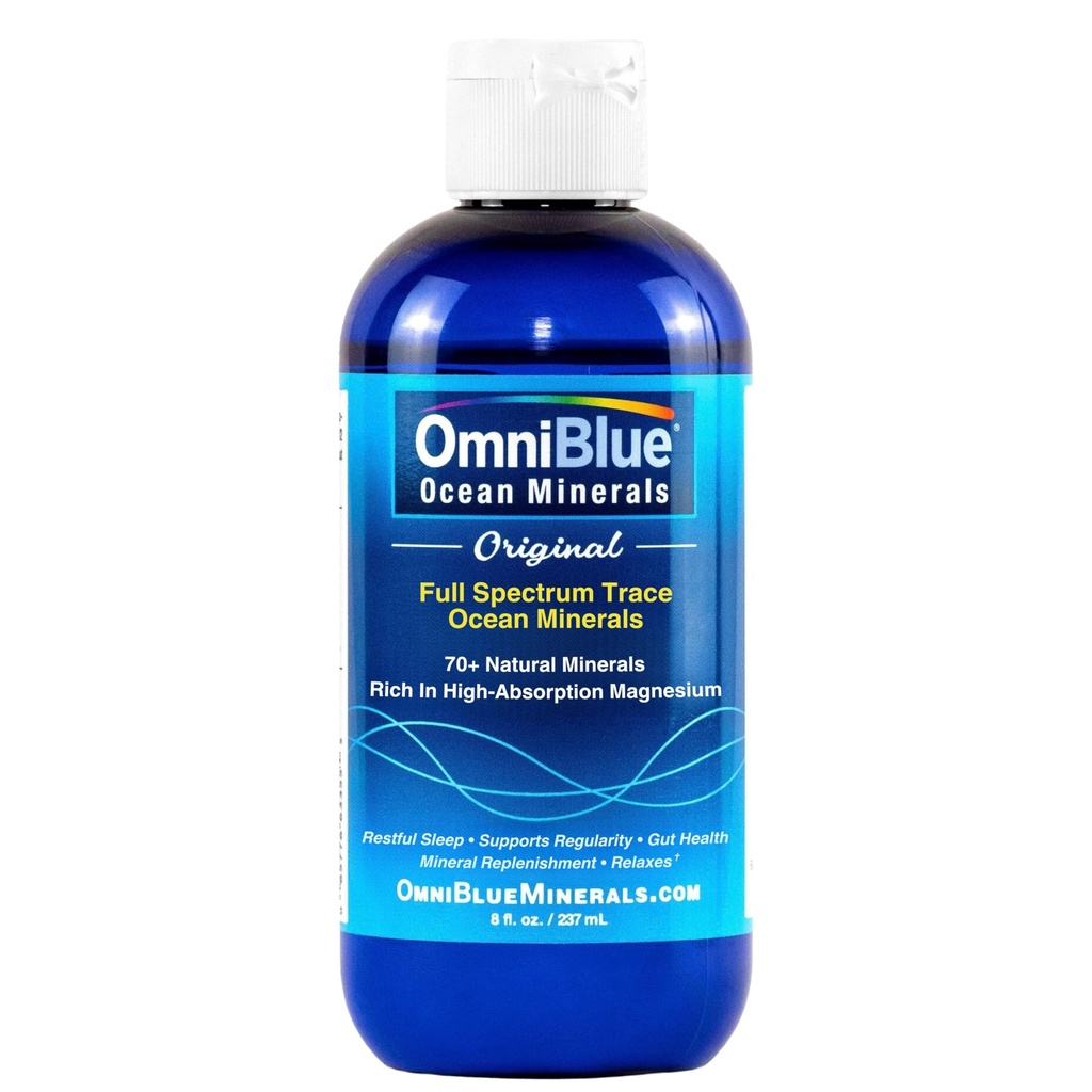 OmniBlue Ocean Minerals - 70 + Trace Minerals & Liquid Magnesium - Kalium, Chlorid- Lavnatrium - Naturlig støtte til søvn, fordampning, regelmæssighed, hydrering og elektrolytbalance (8 oz)