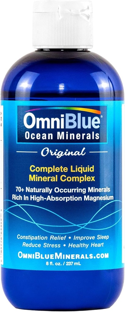 OmniBlue Ocean Minerals - 70 + Trace Minerals & Liquid Magnesium - Kalium, Chlorid- Lavnatrium - Naturlig støtte til søvn, fordampning, regelmæssighed, hydrering og elektrolytbalance (8 oz)