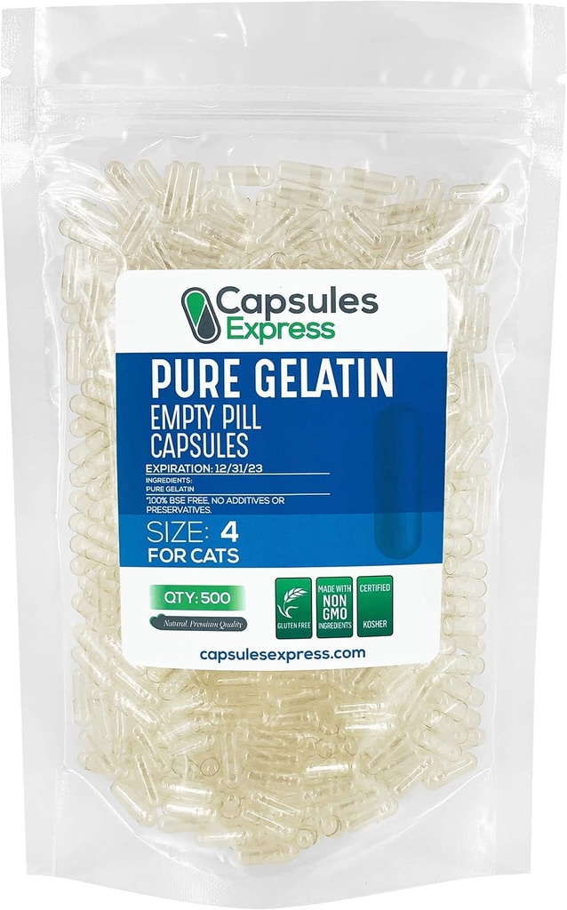 XPRS Nutra Størrelse 4 Tomme kapsler til katte - Clear Tomme Gelatine kapsler - Piller til det selv Capsule Fyldning - Fyldelig Pure Bovin Pill Gel Caps (500 Greve)