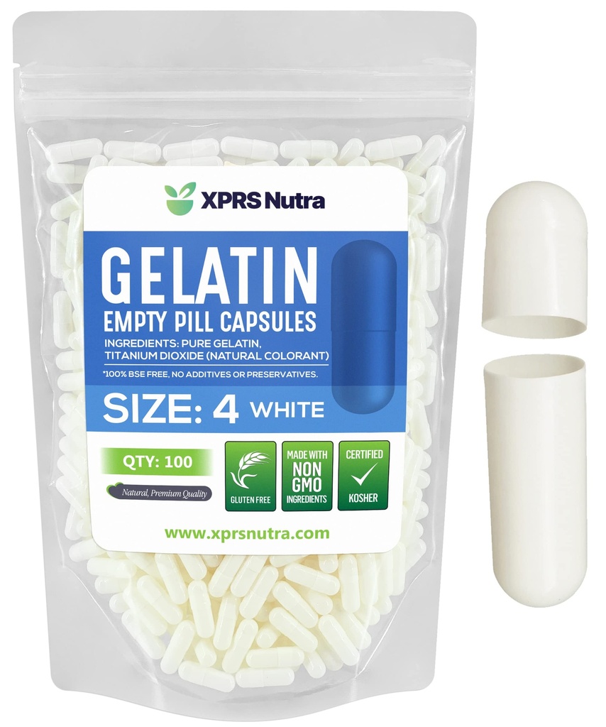 XPRS Nutra Size 4 Empty Capsules - 100 Count Small Empty Gelatin Capsules - Pills DIY Capsule Filling - Fillable Pure Bovine Pill Gel Caps for Do-It-Yourself Supplements (White)