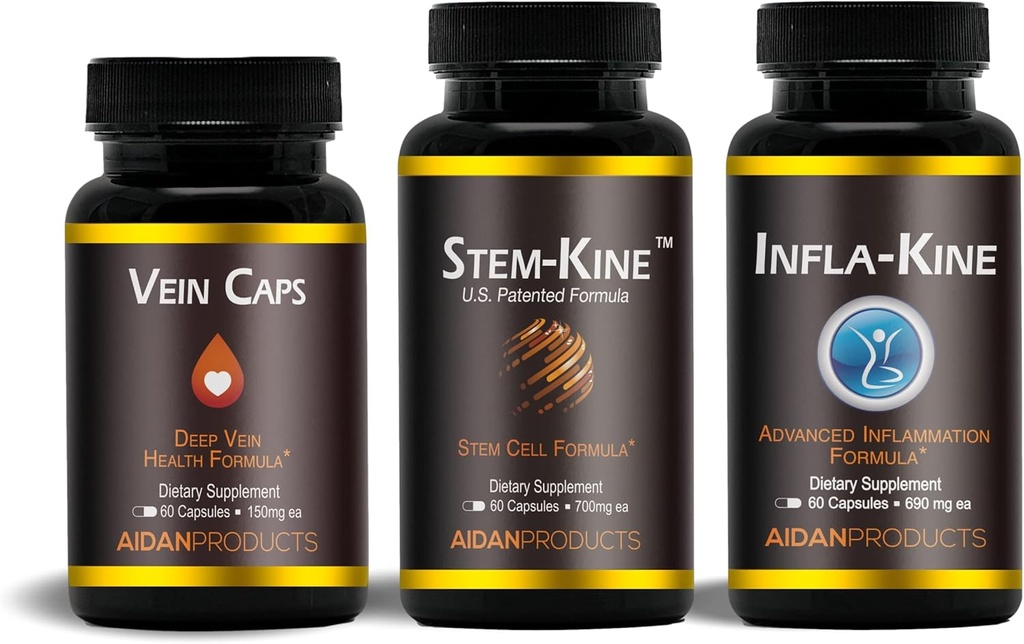 Aging Support supplement pakke med Stem- Kine, Infla- Kine & Vein Caps, til støtte sund aldring, cellular sundhed, Vein Sundhed, og sund fællesskaber, 60 kapsler hver