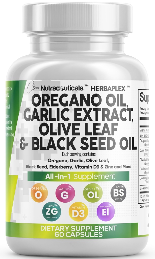 Ren Nutra Oregano Oil med sort frø Olivenhvidløg Olivenløv Uddrag - Olie af Oregano Kapsler Immunstøtte Carvacrol & Thymoquinon supplement til kvinder og mænd + Elderberry Vitamin D3 & Zink