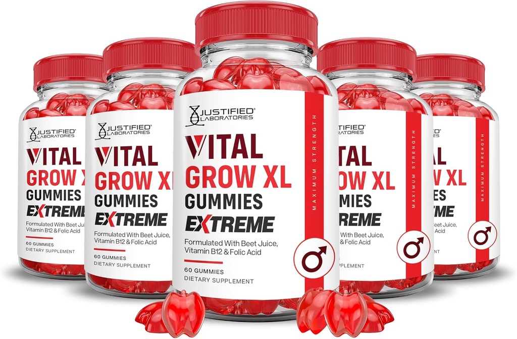 Justified Laboratories (5 Pack) Vital Grow XL Extreme 2000MG Performance Gummies Advanced Formulated with ACV Pomegranate Beet Juice Powder B12 Vegan Non GMO 300 Gummys