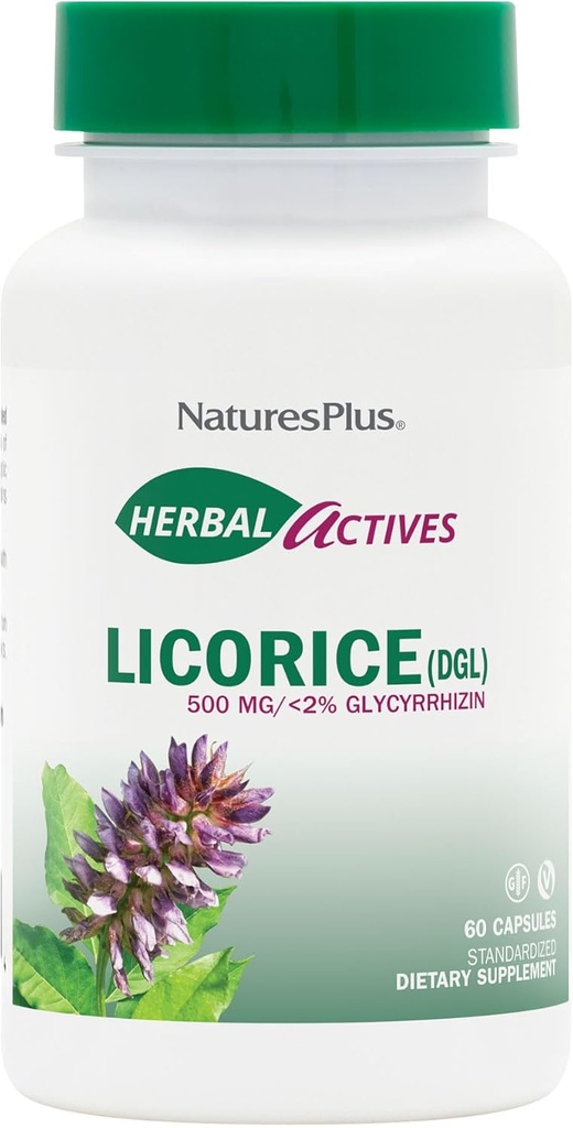 Natures Plus Herbal Actives Licence (DGL) Kapsler - 500mg, 60 Vegansk Kosttilskud - Vegetarisk, Gluten- Free - 60 Servering