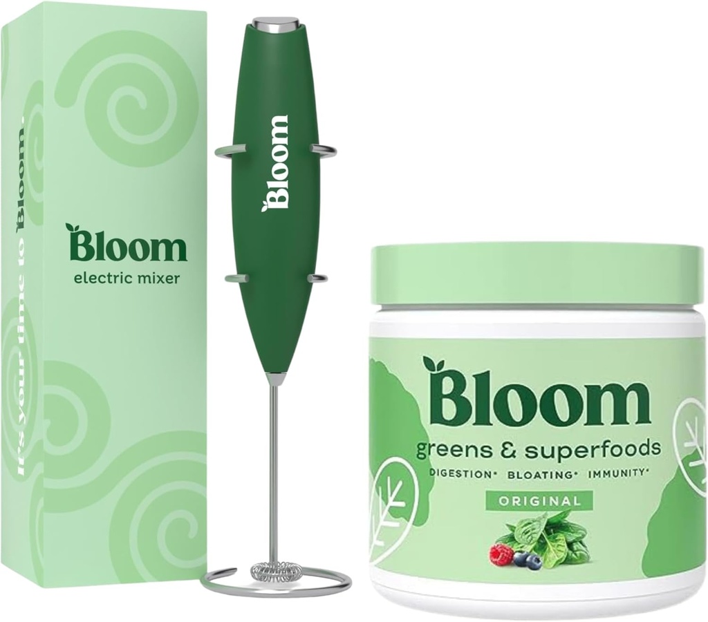 Bloom Nutrition Superfood Green Powder, fordøjelsesenzymer med Probiotika og Prebiotika, Gut Health, Bloating Relief, Original + Milk Frother høj drevet hånd mixer