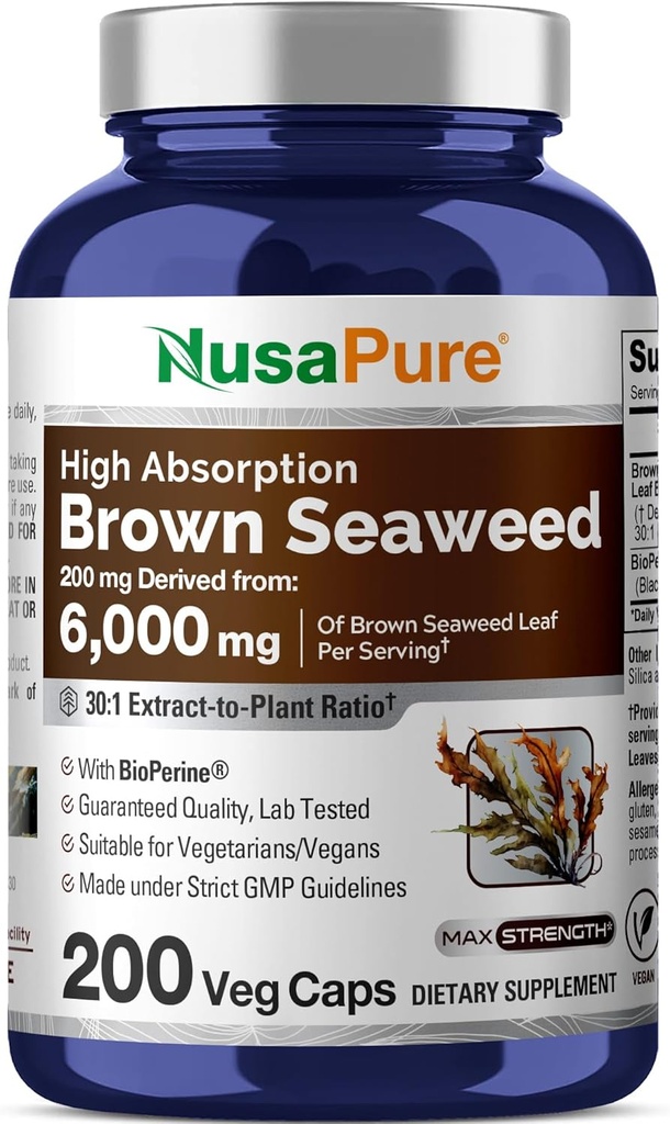 NusaPure Brown Seaweed 30: 1 Extract, 200 mg svarende til 6000 mg 200 Veggie Capsules - (Vegan, Non- GMO Bioperine)