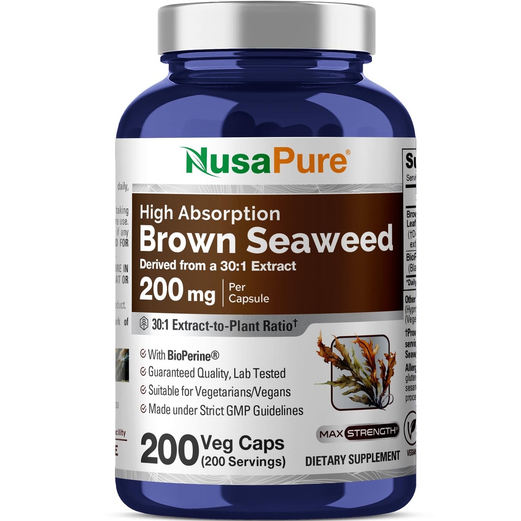 NusaPure Brown Seaweed 30: 1 Extract, 200 mg svarende til 6000 mg 200 Veggie Capsules - (Vegan, Non- GMO Bioperine)