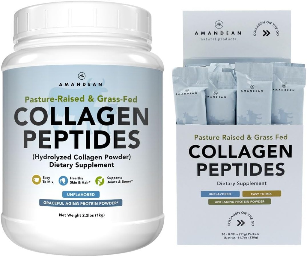 AMANDEAN Collagen Peptider Bundle. 1kg & Stick pakker. Grass- Fed, enzymatisk hydrolyseret, type 1 & 3. Protein med 18 Aminosyrer til sund hud, hår, negle. Let at blande, Unflavored, Non- GMO