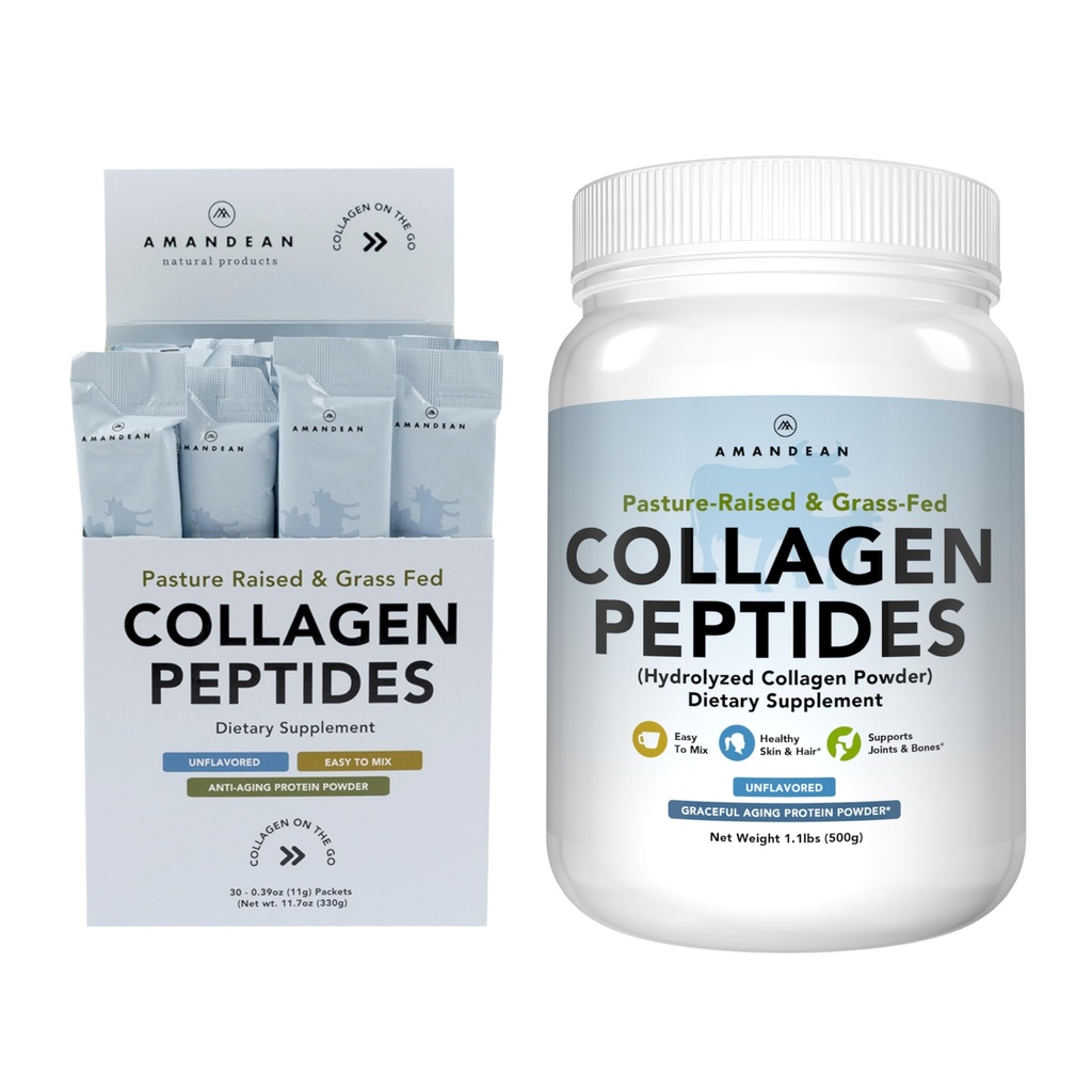 AMANDEAN Collagen Peptides Bundle. 1kg & Stick Packs. Grass-Fed, Enzymatically Hydrolyzed, Type 1 & 3. Protein with 18 Amino Acids for Healthy Skin, Hair, Nails. Easy to Mix, Unflavored, Non-GMO