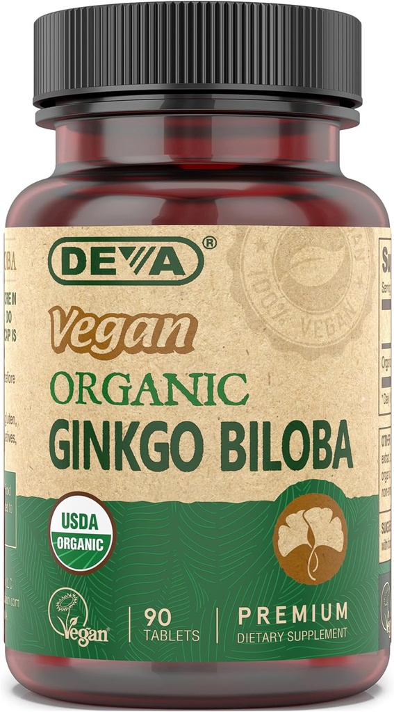 DEVA Vegan Ginkgo Biloba Dietary Supplement, USDA Organic, Vegan Society Certified, Easy-to-Swallow Tiny Tablets, 300 mg., 90-Count Bottle