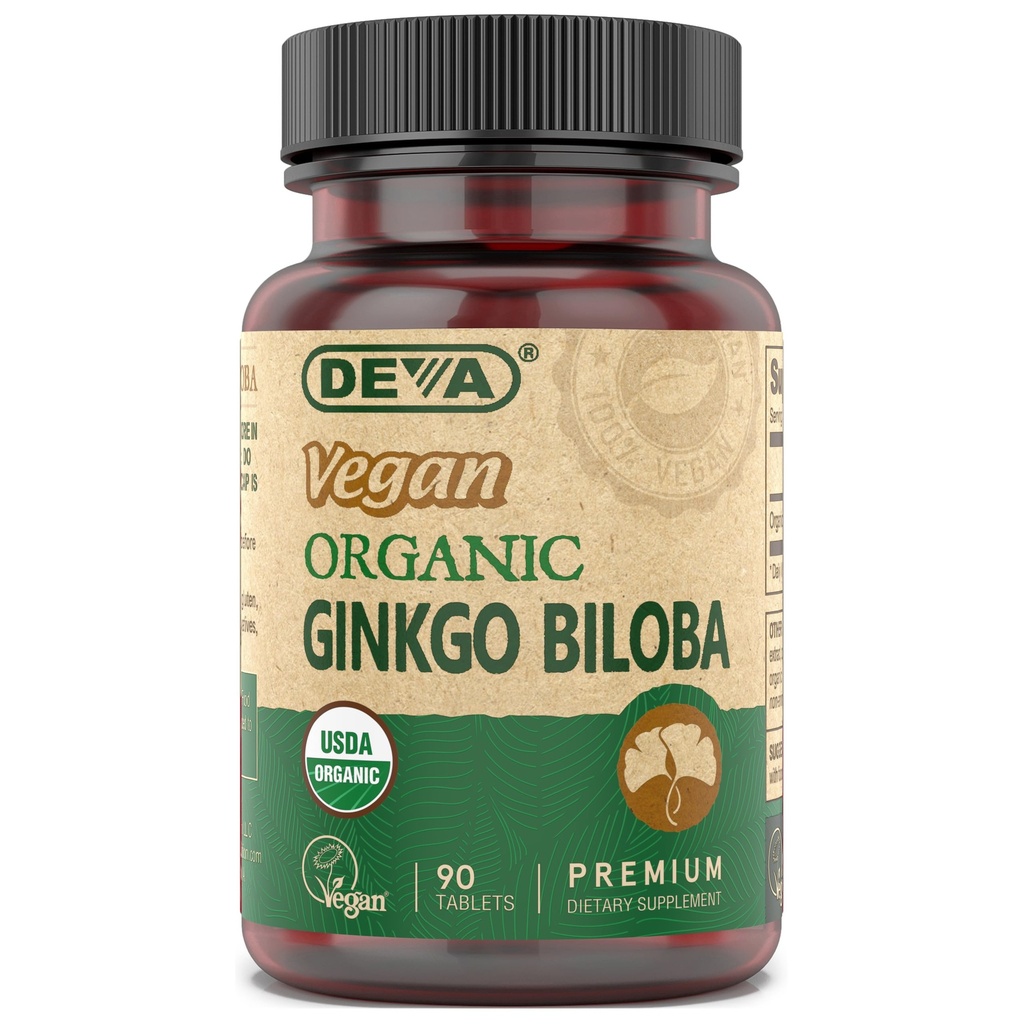 DEVA Vegan Ginkgo Biloba Kosttilskud, USDA Organic, Vegan Society Certified, Easy- to- Swallow Tiny Tablets, 300 mg., 90- Count Flaske