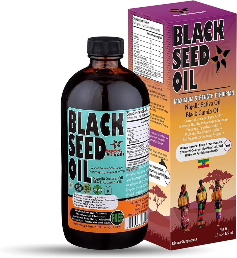 Etiopian Black Seed Oil - 3,43% Thymoquinone Cold- Presset Black Cumin Seed fra Pure Nigella Sativa - Første Pressing Blackseed Non- GMO Forbedret - 16 Oz Glaskolbe Sweet Sunnah
