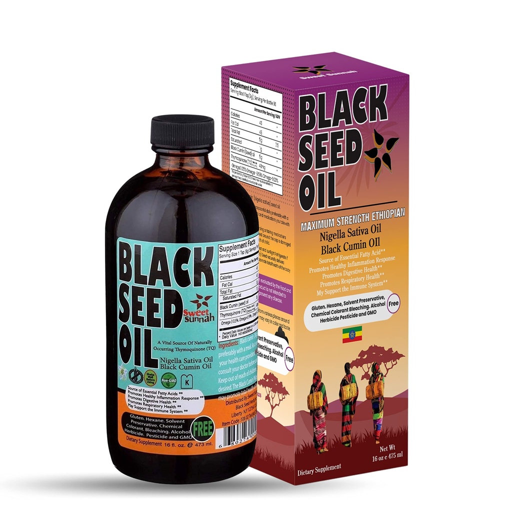 Etiopian Black Seed Oil - 3,43% Thymoquinone Cold- Presset Black Cumin Seed fra Pure Nigella Sativa - Første Pressing Blackseed Non- GMO Forbedret - 16 Oz Glaskolbe Sweet Sunnah