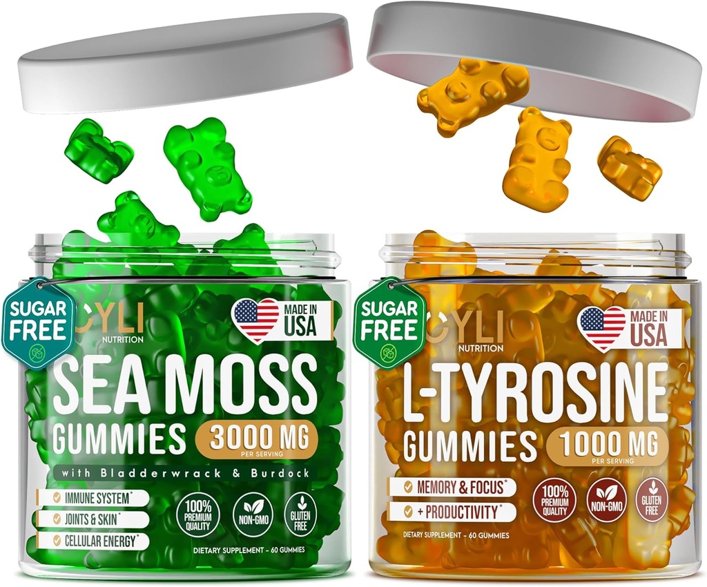 Irish Sea Moss & L- Tyrosine Gummies - L Tyrosine Supplement, Sea Moss Gummies for voksne, Kids - Focus Gummies, Irish Sea Moss Bladerwrack Burdock Root - 60 L- Tyrosine, 60 Irish Sea Moss Gummies