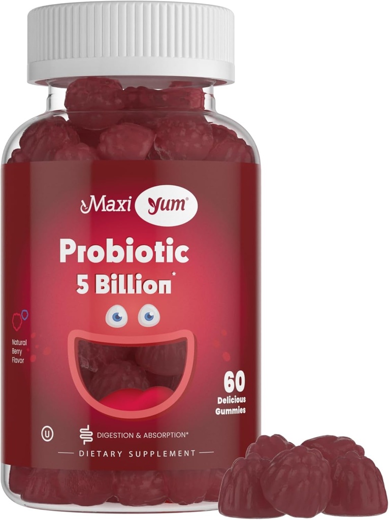 Maxi Health Yum, Probiotiske Gummy med 5 milliarder CFU af fordøjelsesmæssige sundhed Probiotika, Kosher Certified Natural Berry Flavor Gut Sundhed Chewable Gummy Kosttilskud til mænd og kvinder, 60 Gummies