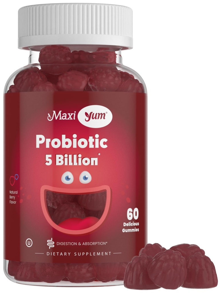 Maxi Health Yum, Probiotiske Gummy med 5 milliarder CFU af fordøjelsesmæssige sundhed Probiotika, Kosher Certified Natural Berry Flavor Gut Sundhed Chewable Gummy Kosttilskud til mænd og kvinder, 60 Gummies