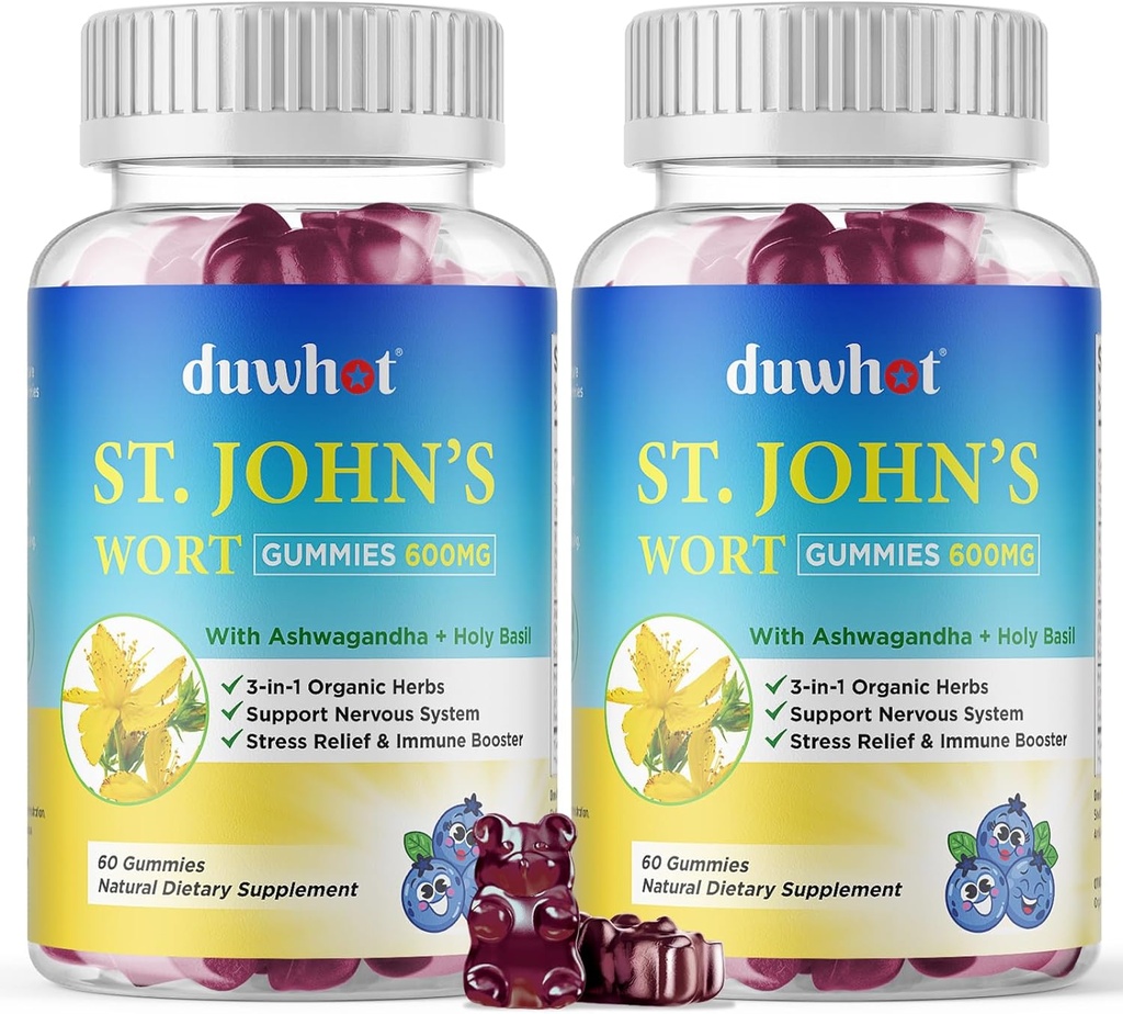 John 's Wort Gummies 600mg, 3 i 1 Organic Herbal Kosttilskud til Stress Relief, Nervesystemet Support, med Ashwagandha & Holy Basil Extract for voksne & Børn, Non- GMO, Vegan, 120 ct.