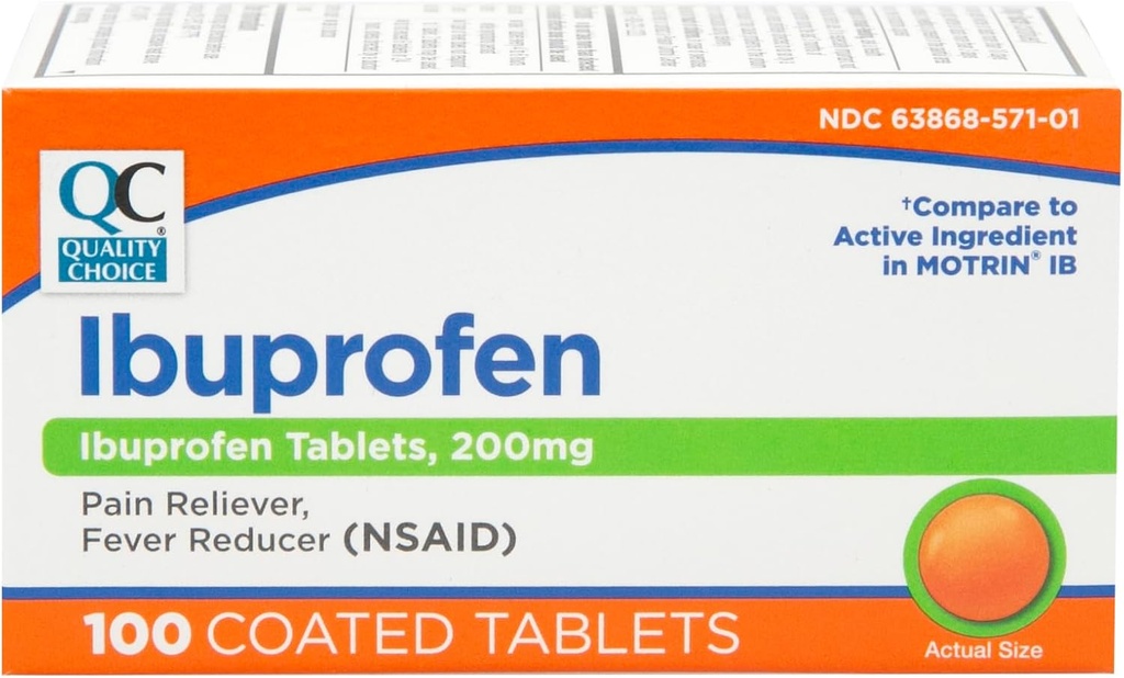 Quality Choice Ibuprofen Tablets, 200 mg, Pain Reliever og Feber Reducer for Gigt, Toothache, Ryg Smerte, Hovedpine, Body Aches, og mere 100 Count of Coated Tablets