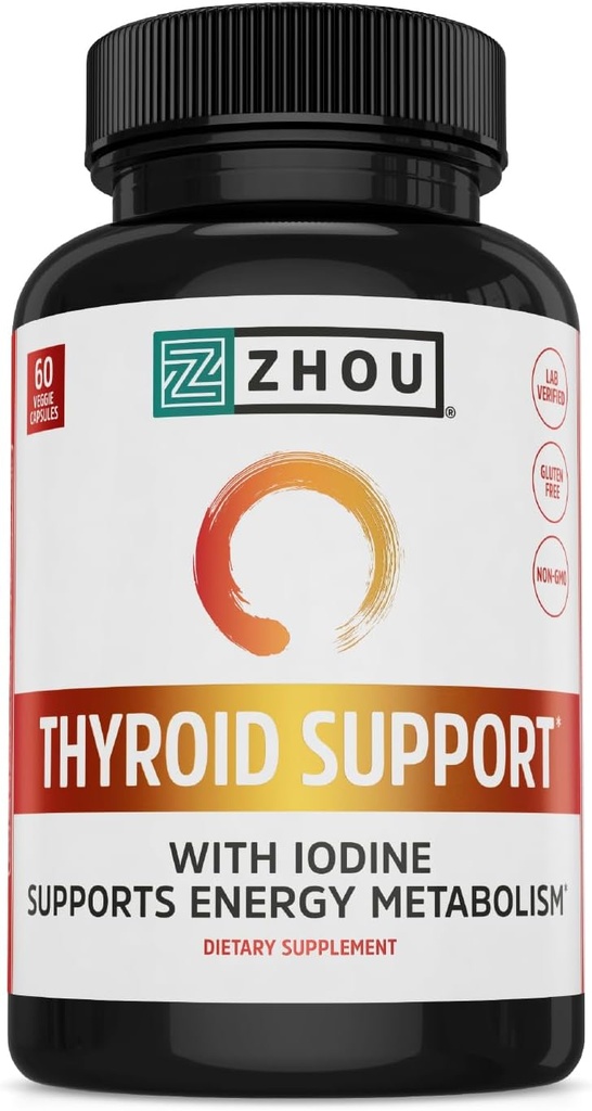 Zhou Thyroid Support - Thyroid Supplement for Women & Men with Zinc, Iodine, & Selenium, Metabolic Health Thyroid Complex with Ashwagandha, Kelp - 60 Veggie Capsules (Pack of 1)
