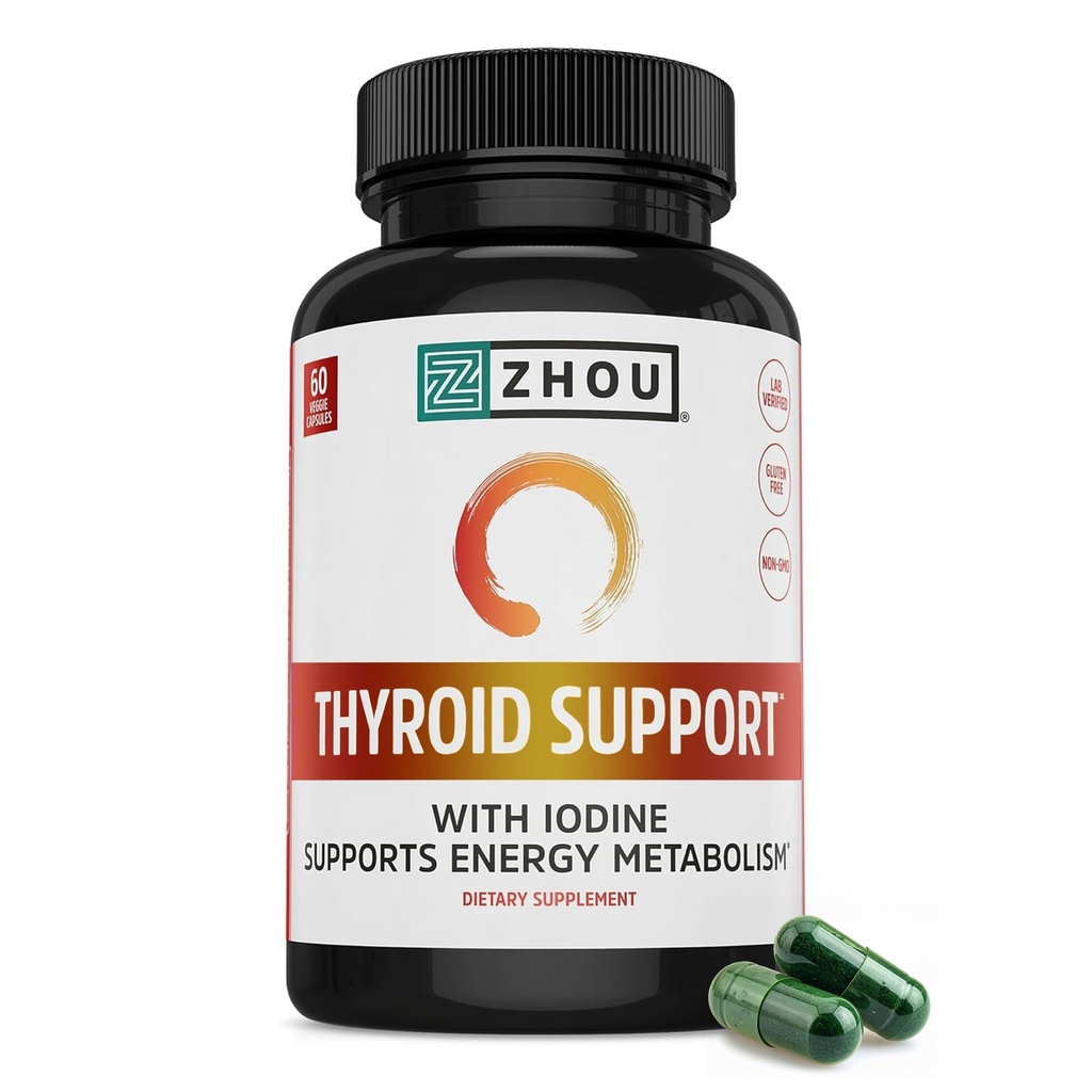 Zhou Thyroid Support - Thyroid supplement til kvinder og mænd med zink, jod, og selenium, metabolisk sundhed Thyroid Complex med Ashwagandha, Kelp - 60 Veggie kapsler (pakning med 1)