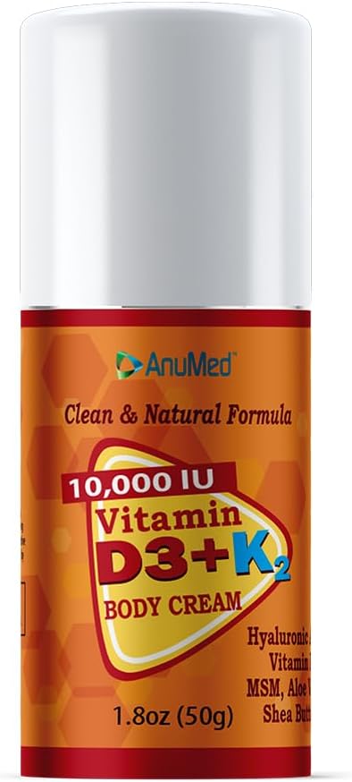 ANUMED - D3- vitamin med K2 10000 IE Cream + Magnesium + hyaluronsyre + vitamin E. fremmer stærkere knogler, muskler, joints. Maksimal Calcium Absorption, rejsestørrelse (1,8oz) (Pakke maj Vary)