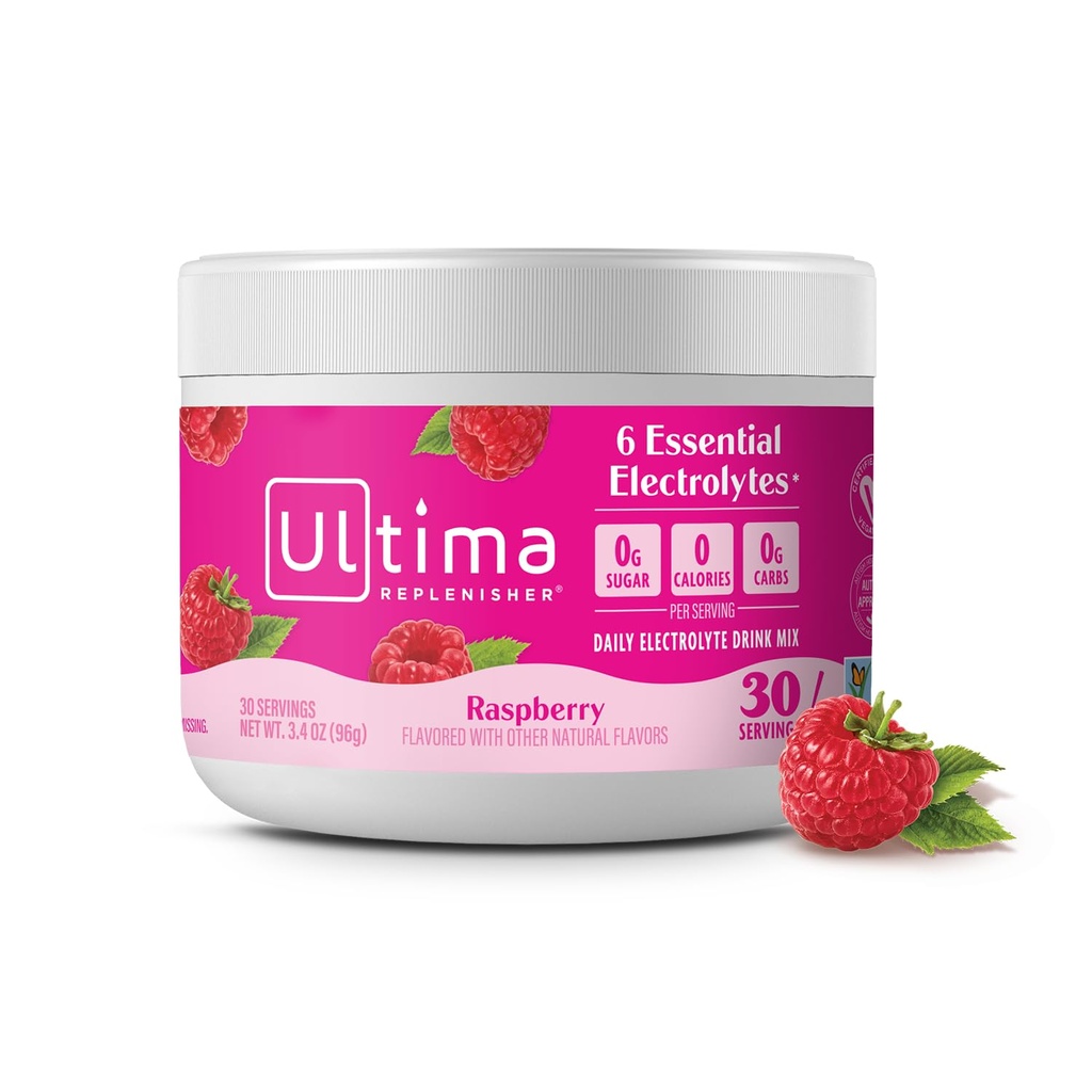 Ultima Replenisher Daily Electrolyte Powder Drink Mix - Sugar Free - Hindbær, 30 Servering - Hydration Powder med 6 Key Electrolytes og Trace Minerals - Keto Friendly, Vegan, Non- GMO